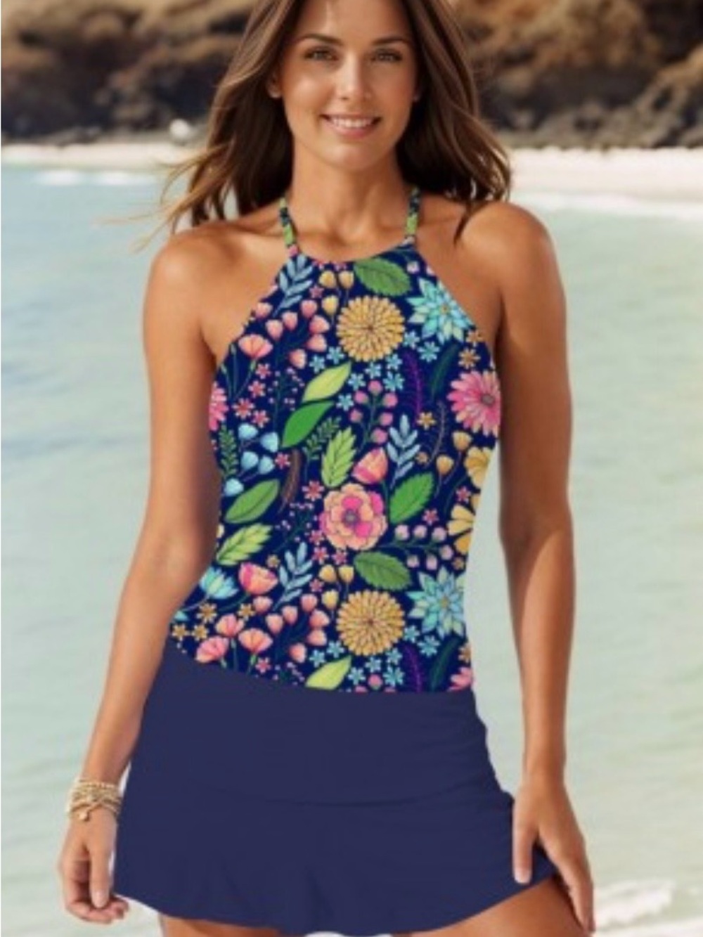 Floral Halter Tankini Top in Navy NWOT